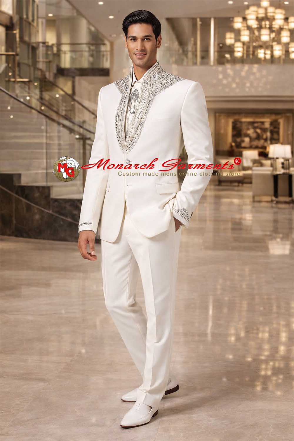 Men’s white designer tuxedo suit with embroidered panel slim fit