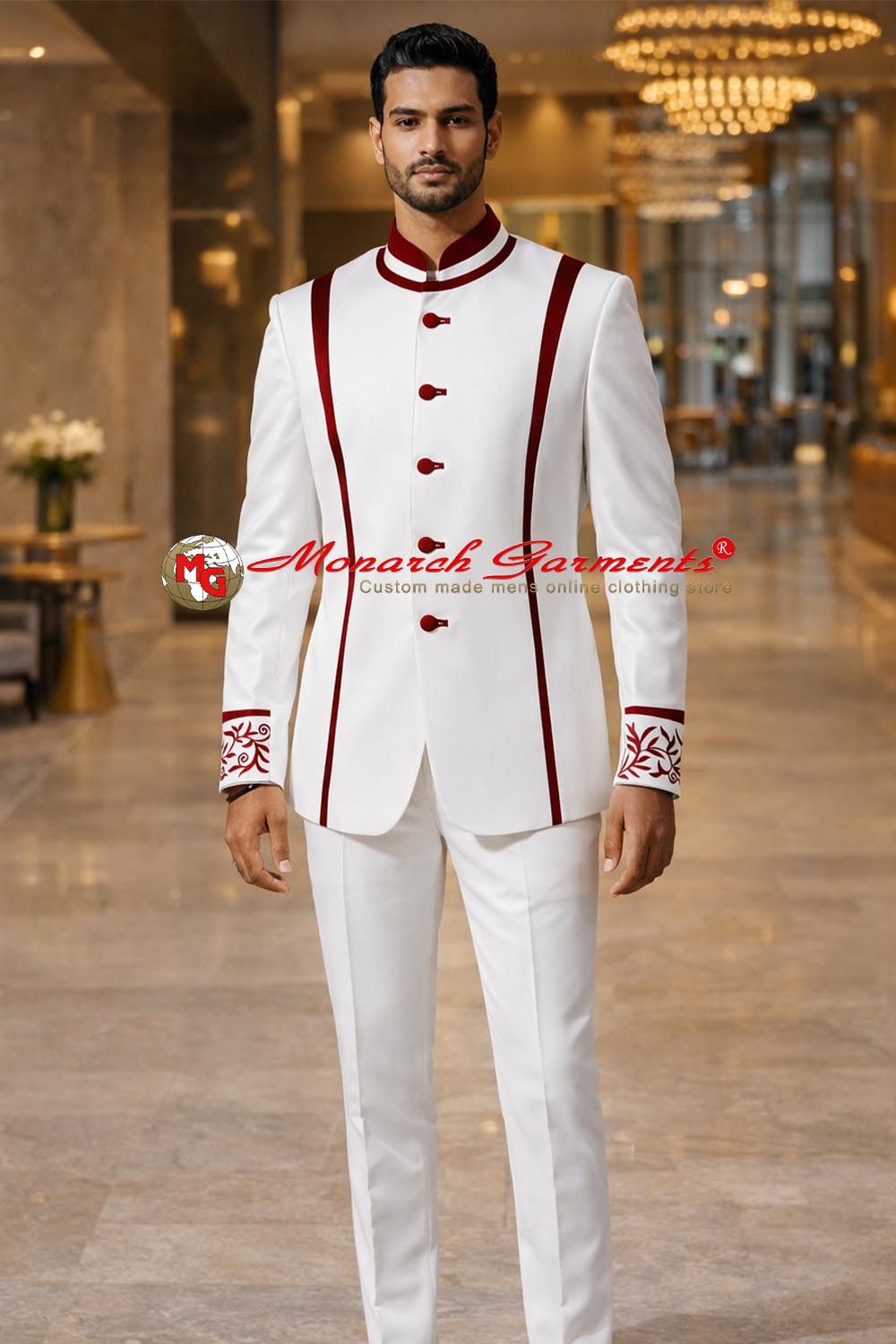 White designer Jodhpuri suit for men with red embroidery 5 button bandhgala by Monarch Garments India