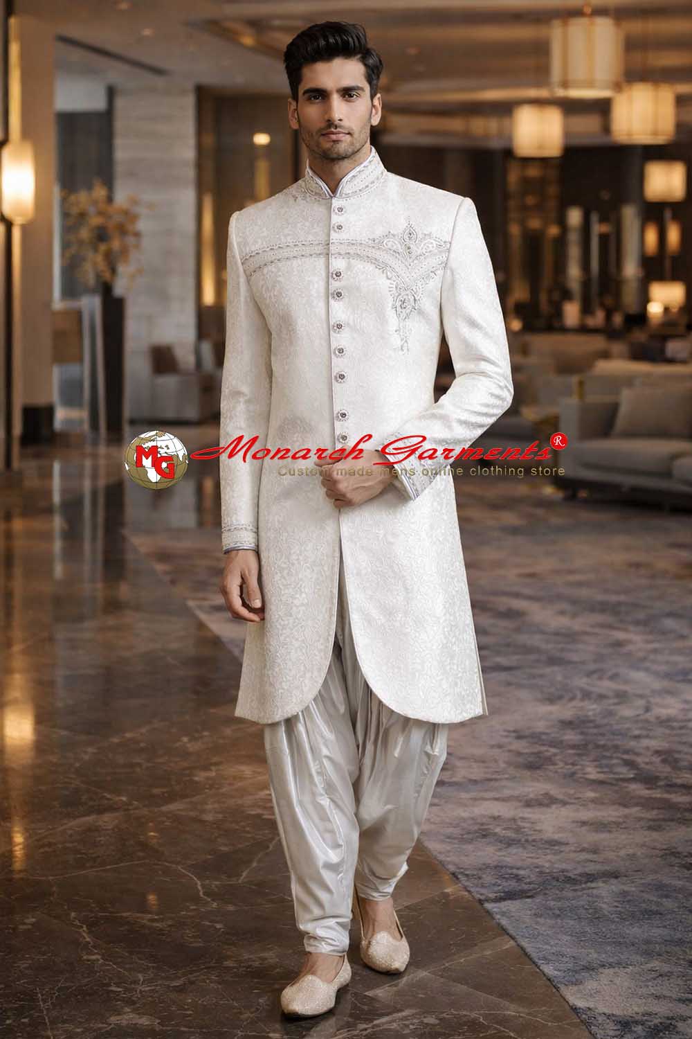 White embroidered sherwani for men in brocade fabric with breeches salwar wedding outfit India