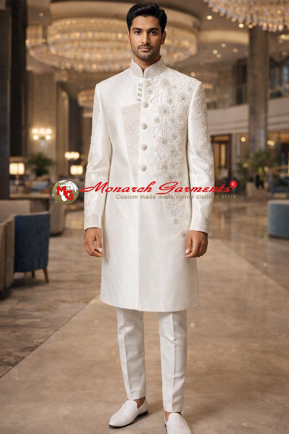White embroidered Indo Western suit for men slim fit wedding outfit India