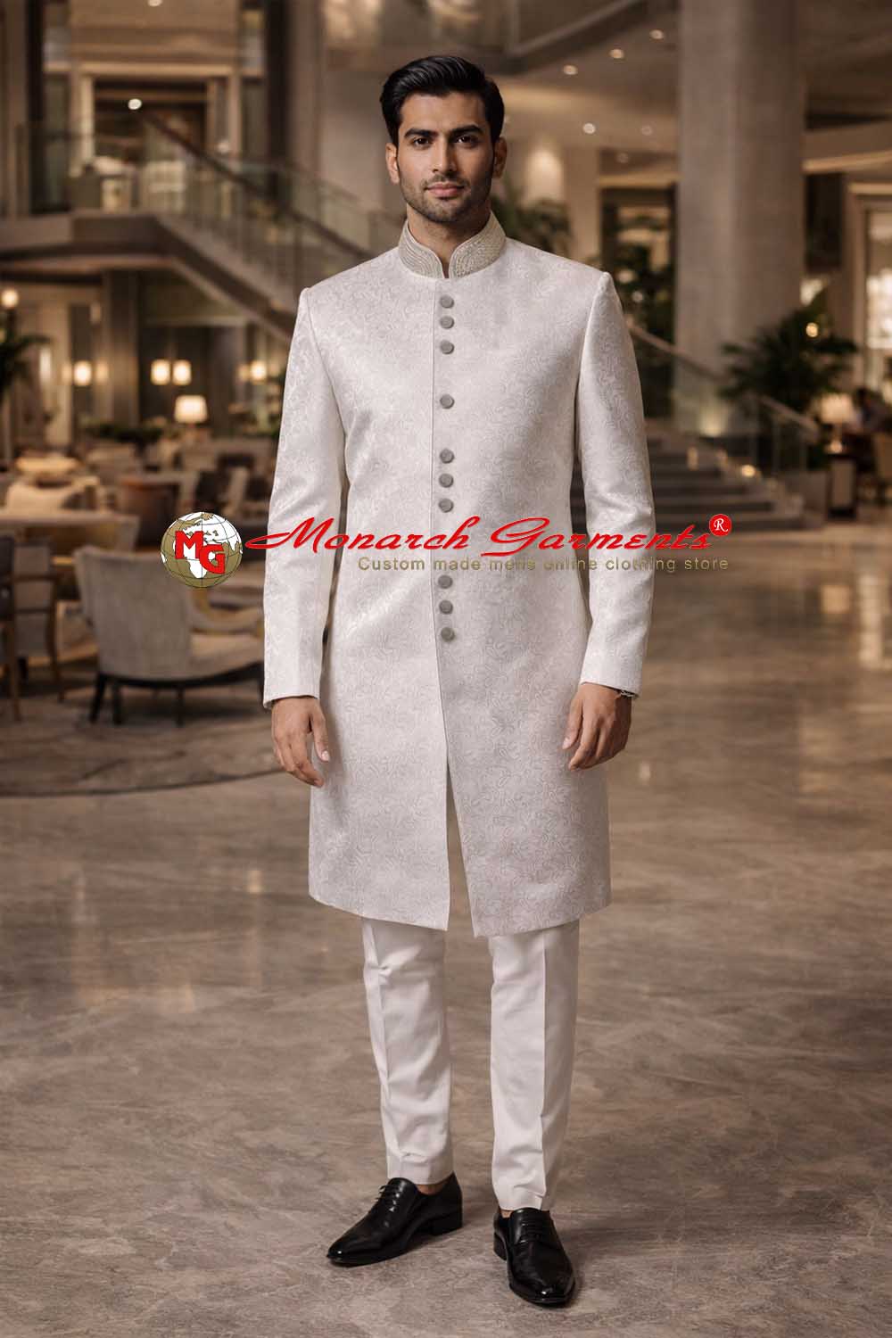 White embroidered Indo western suit for men Nehru collar wedding wear India