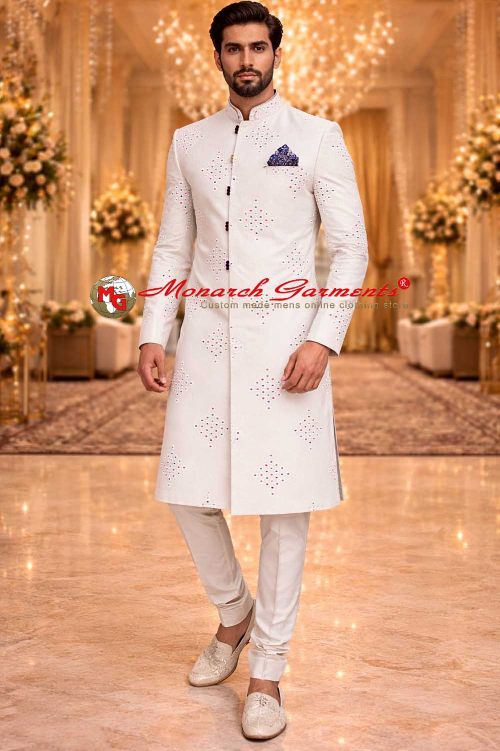 White embroidered indowestern wedding sherwani for men with matching pyjama and pocket square by Monarch Garments