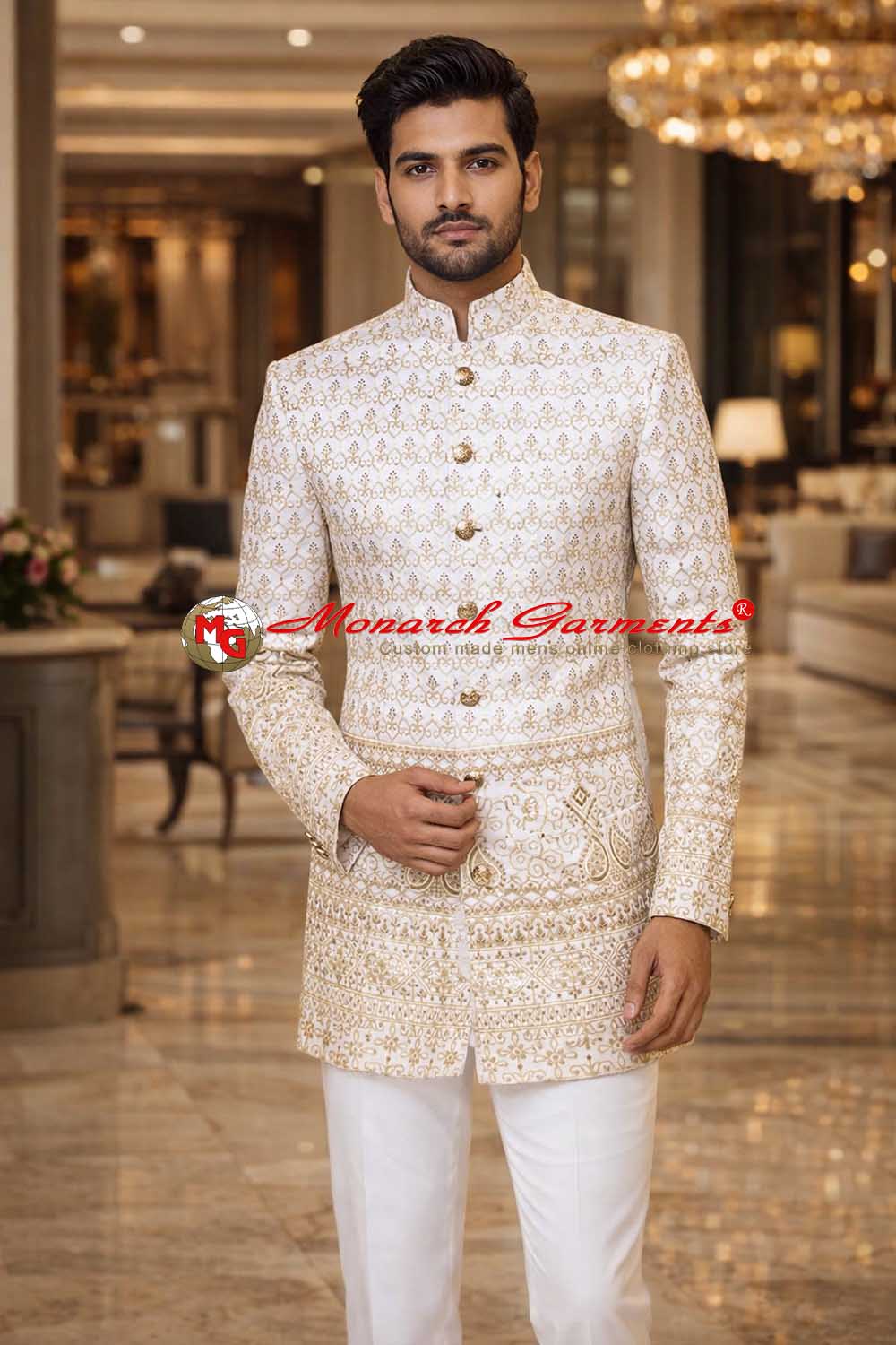 White embroidered jacquard Jodhpuri suit for men wedding wear slim fit