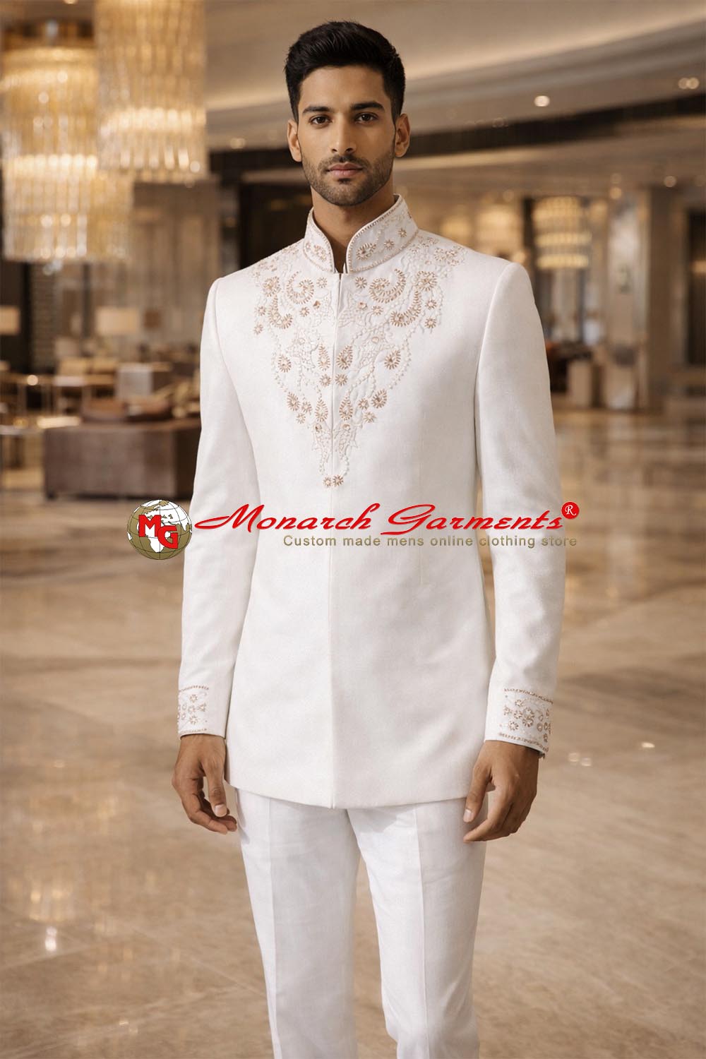 White embroidered Jodhpuri suit for men with concealed button and slim fit design
