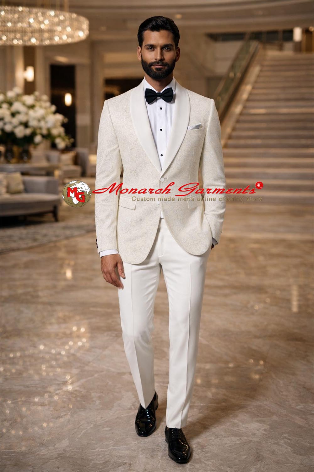 Men wearing white embroidered shawl collar slim fit blazer for wedding and formal occasions India