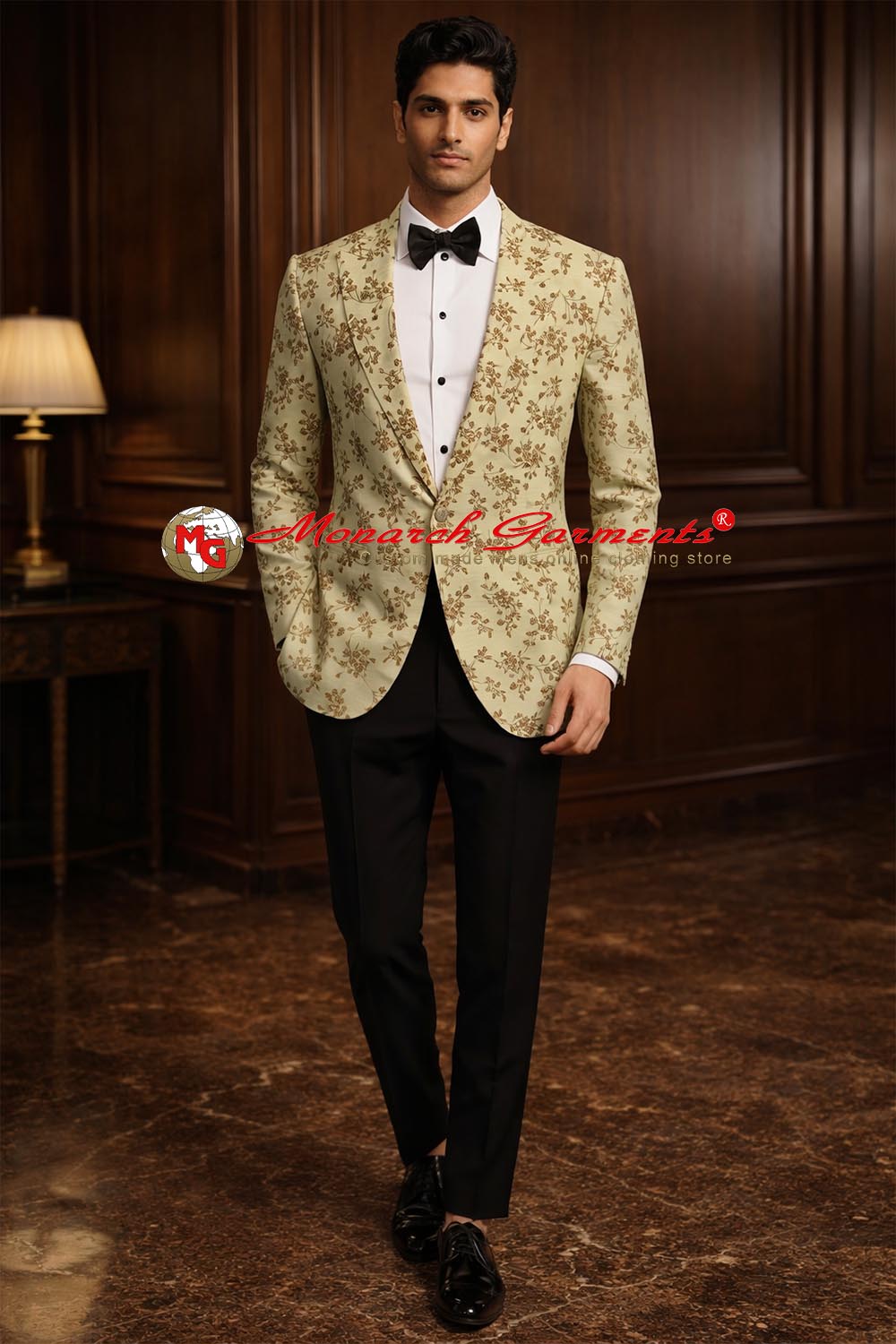 White embroidered slim fit shawl collar blazer for men by Monarch Garments