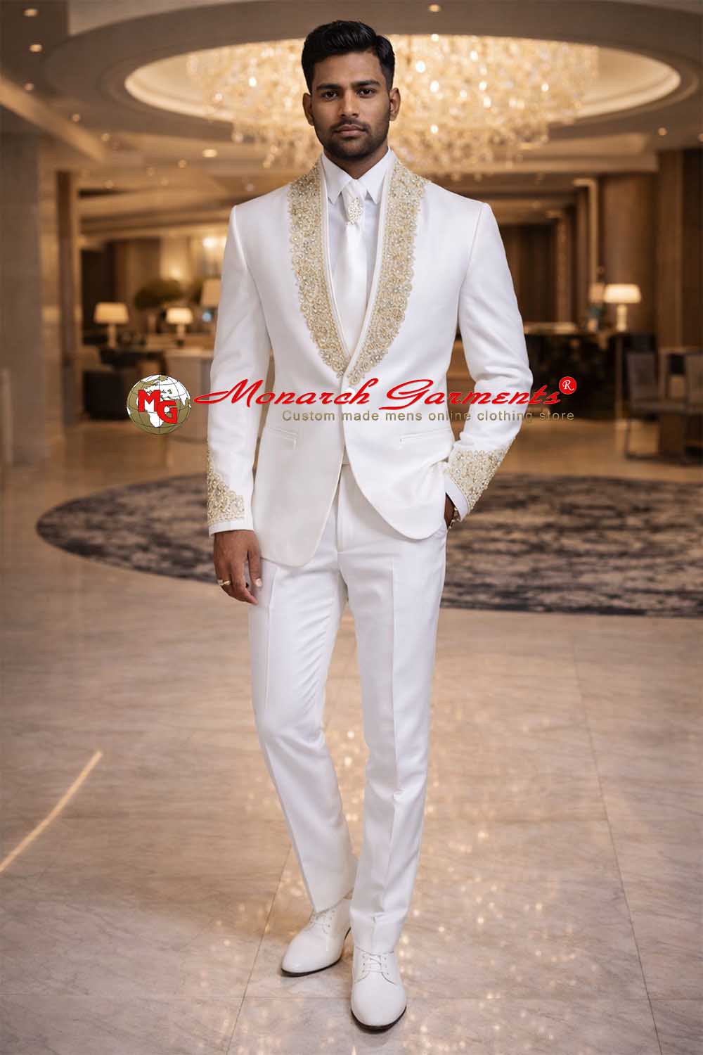 Men’s white embroidered tuxedo suit slim fit with designer lapel and cuffs