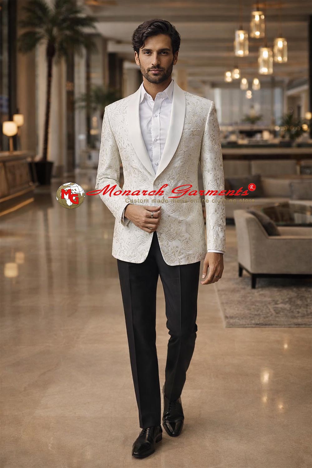 Men wearing white floral embroidered wedding blazer with shawl lapel for reception in India