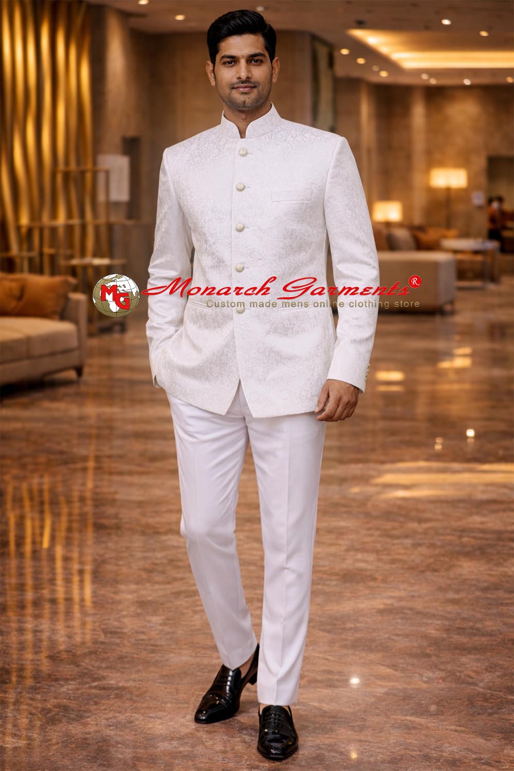 Men wearing white floral polyester bandhgala jacket wedding outfit by Monarch Garments
