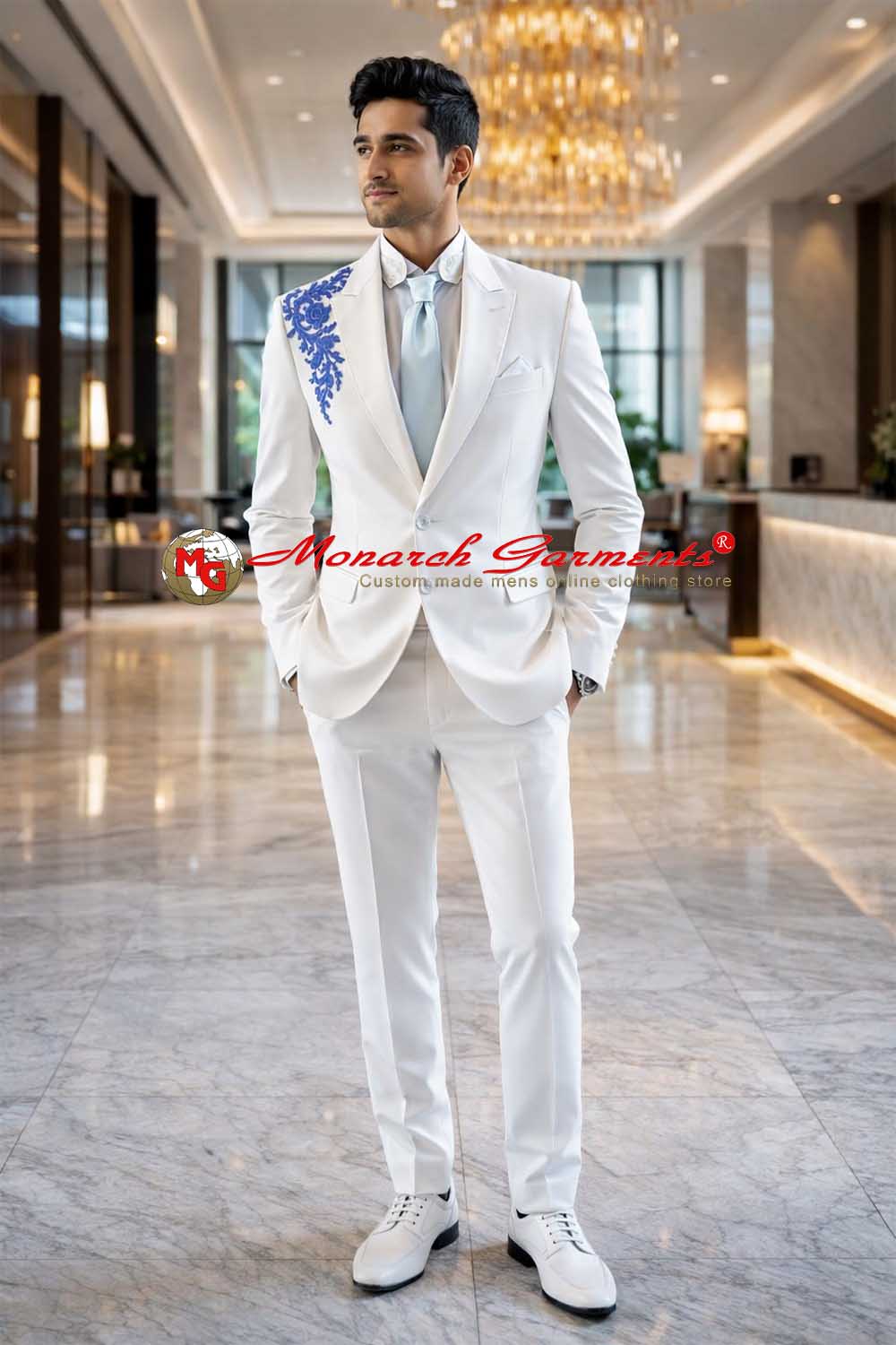 White embroidered tuxedo suit for men slim fit wedding wear India