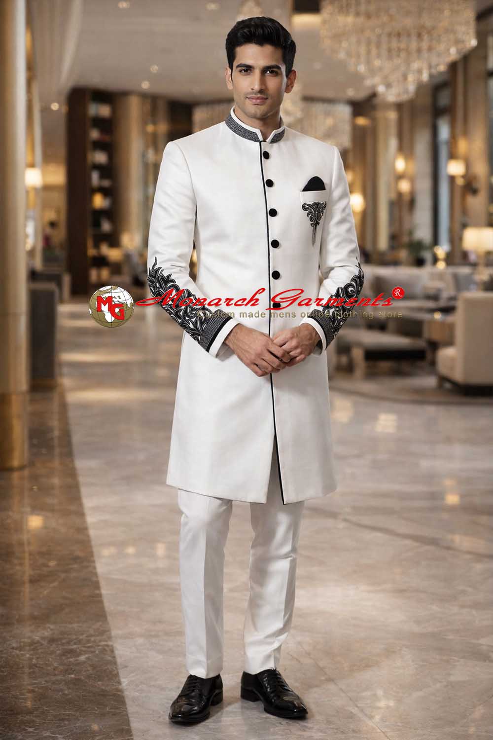 White Indo Western suit for men with black patch work slim fit wedding wear India