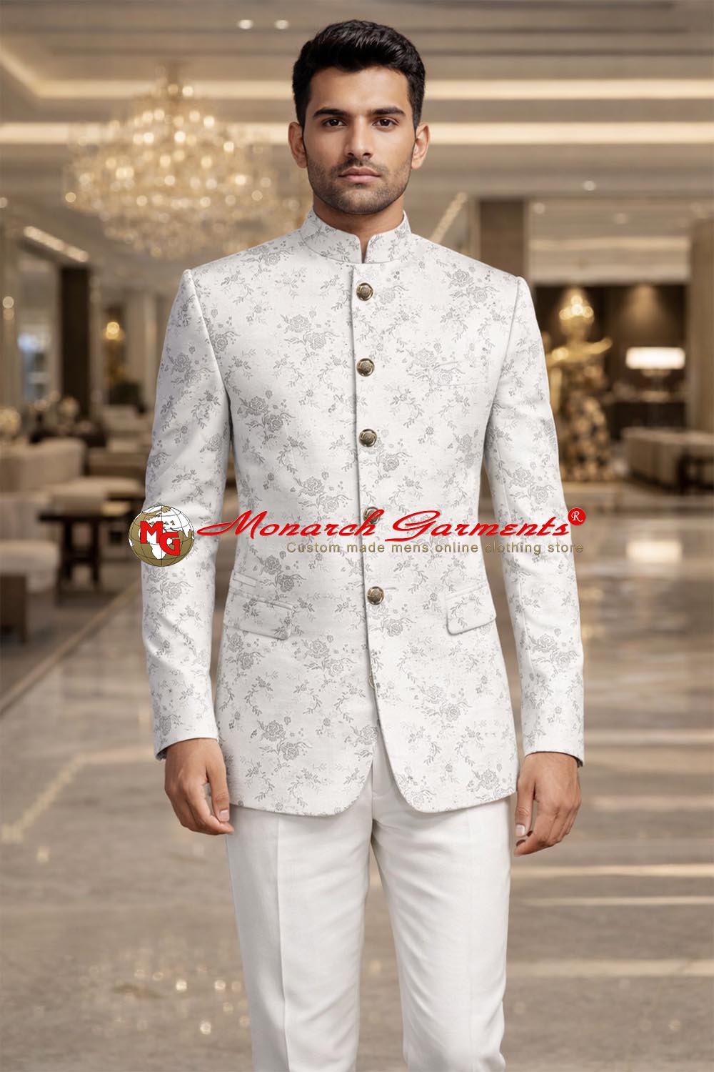 White jacquard floral Jodhpuri suit for men slim fit wedding wear