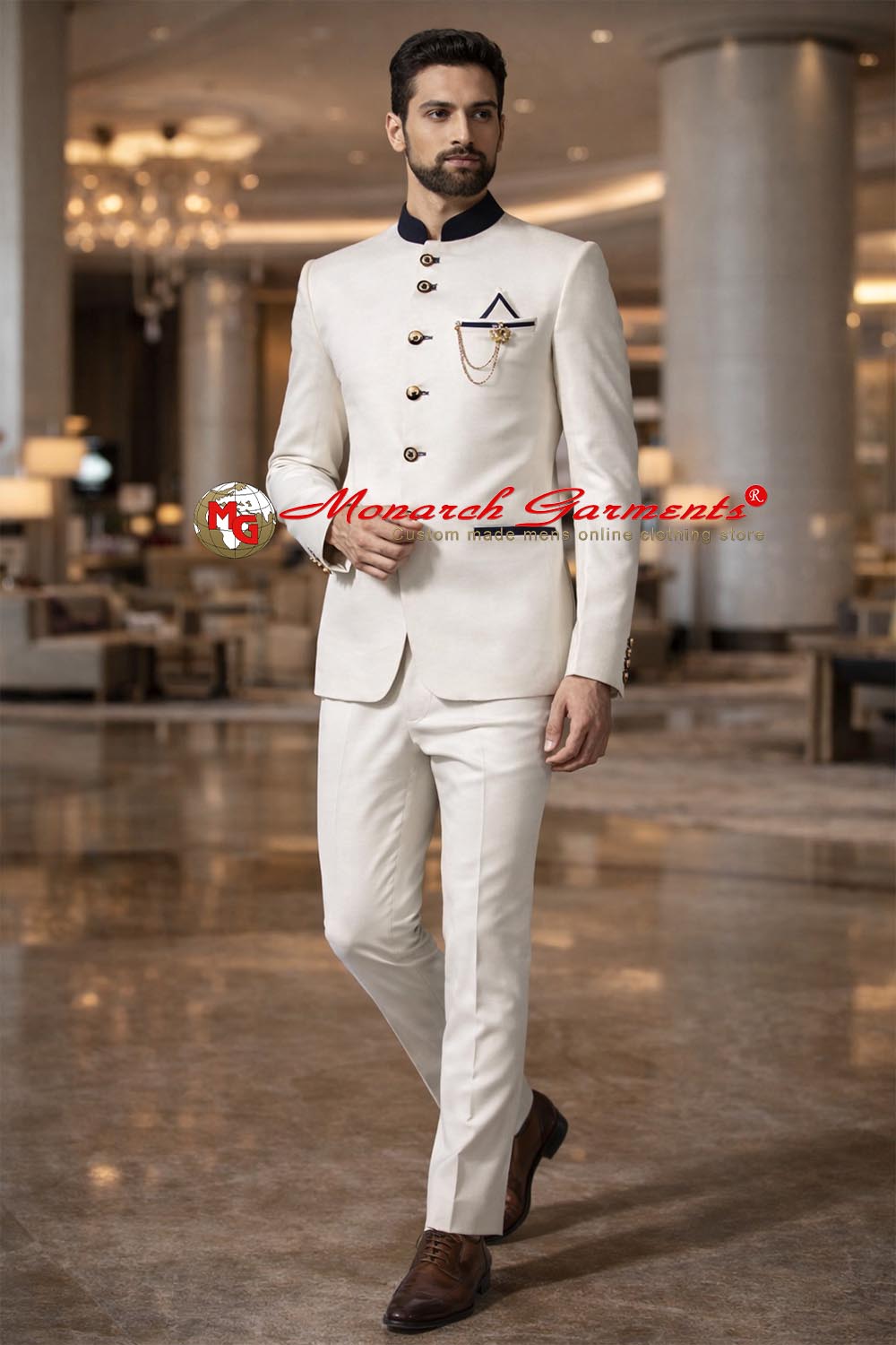 White Jodhpuri suit for men 4 piece bandhgala with brooch and pocket square by Monarch Garments India