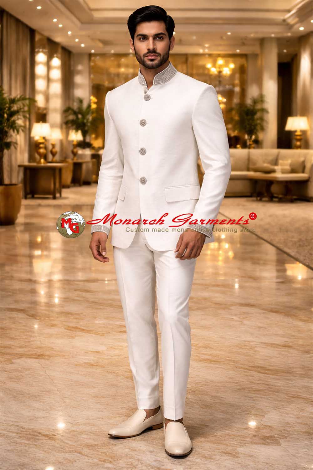 White linen Jodhpuri suit for men classic bandhgala wedding outfit Monarch Garments