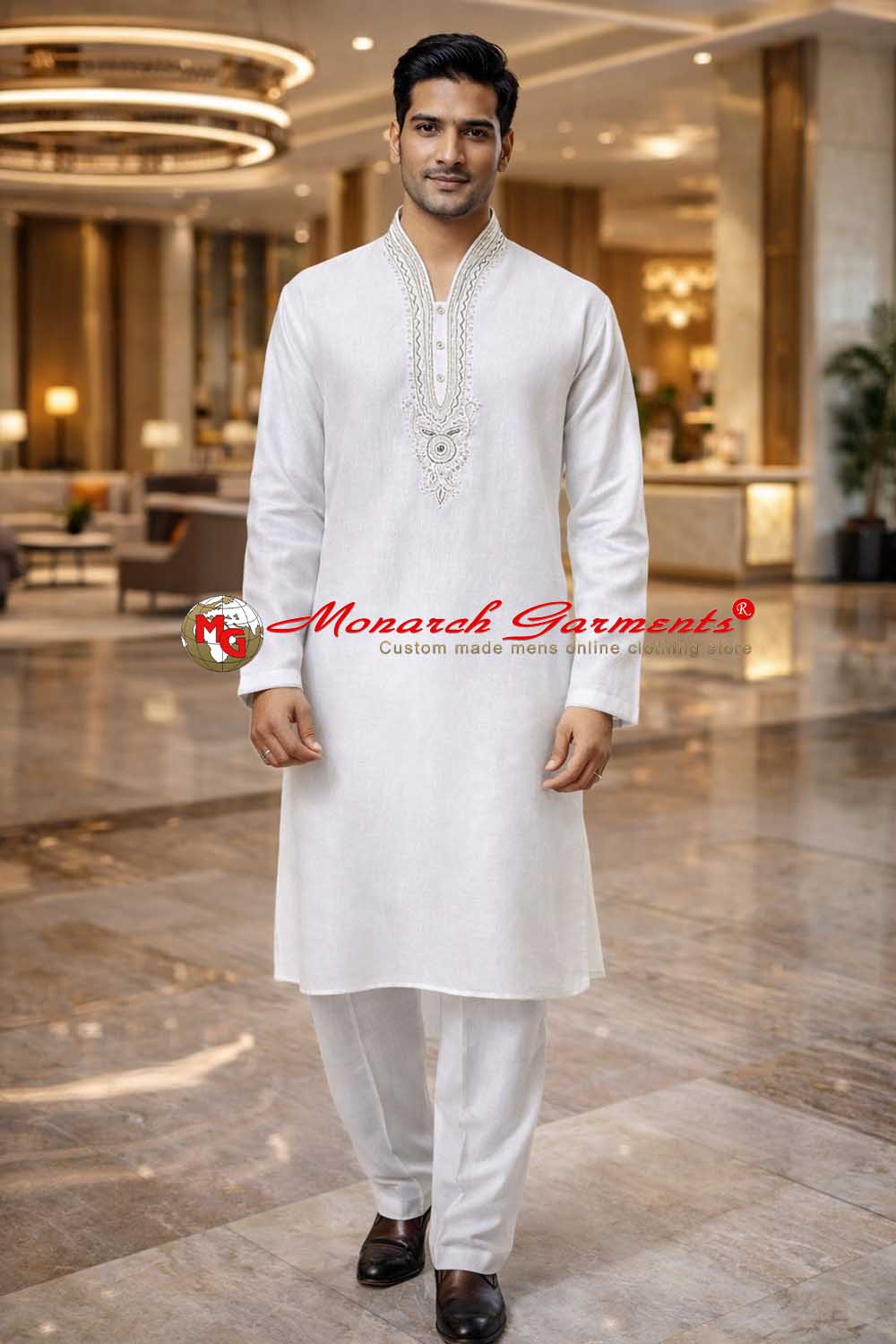 White linen Bollywood style embroidered kurta pajama for men relaxed fit ethnic wear India