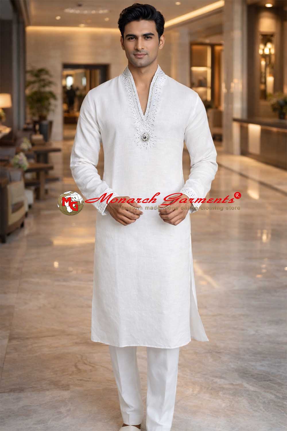 White linen Bollywood style kurta pajama for men high neck silver embroidery wedding wear India