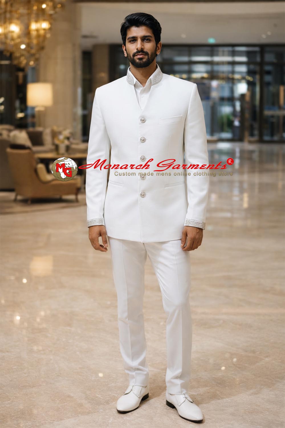 White linen embroidered Jodhpuri Bandhgala suit for Indian wedding with matching trousers by Monarch Garments