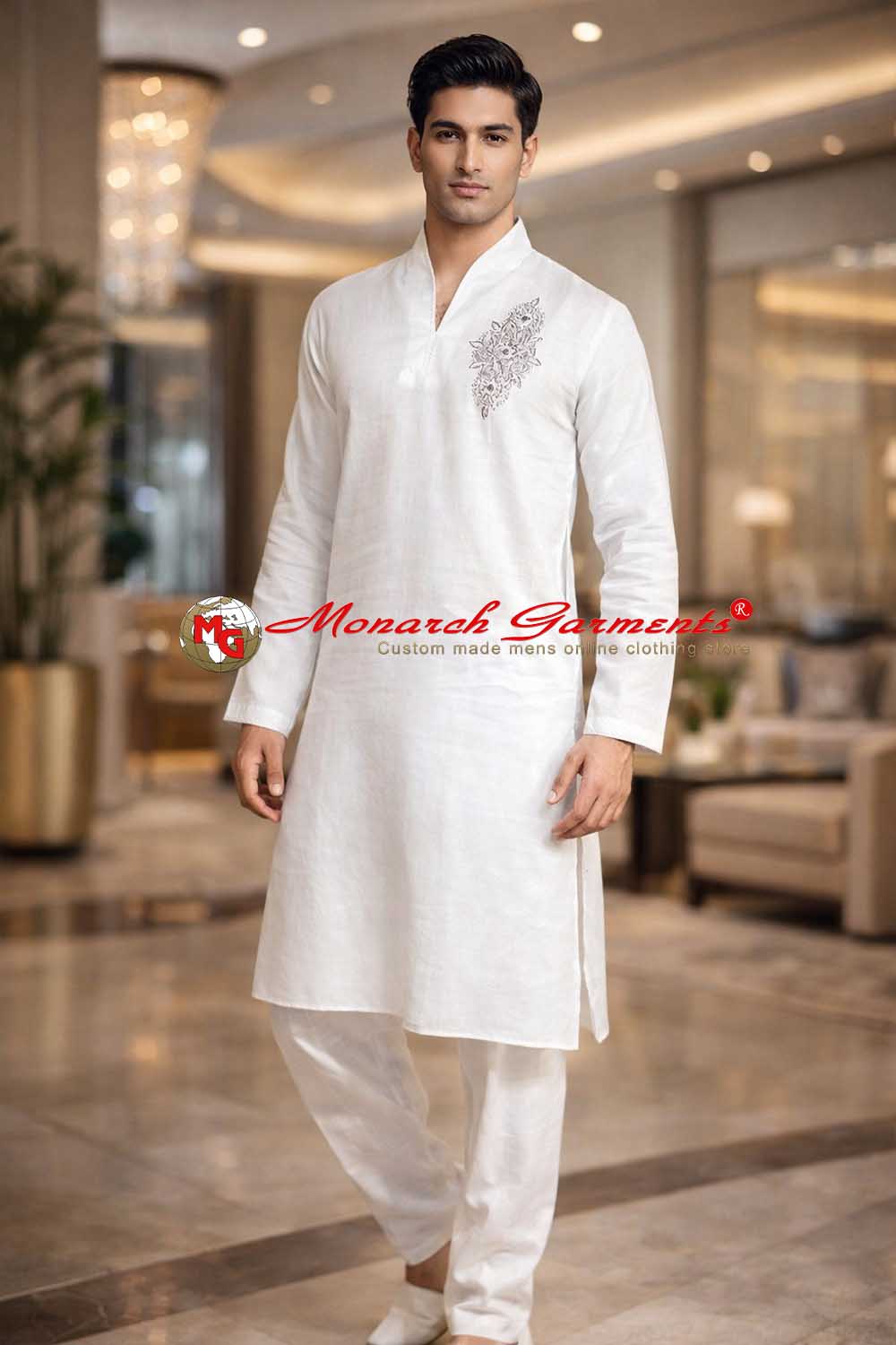 White linen embroidered kurta pajama for men relaxed fit ethnic wear India