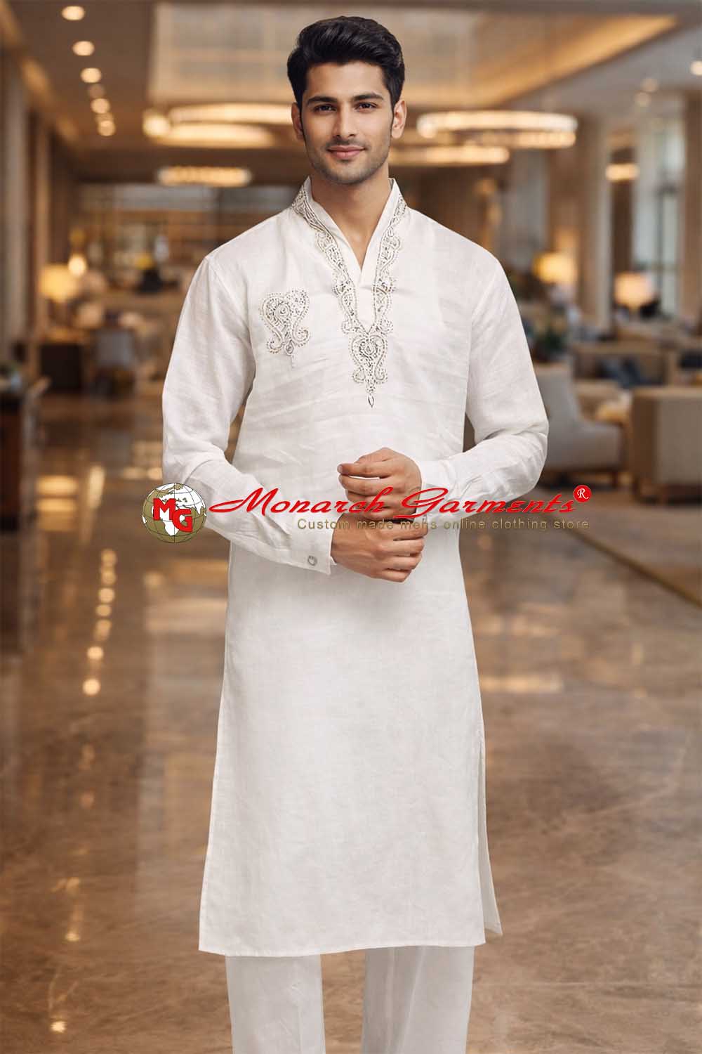 White linen embroidered kurta pajama for men V neck relaxed fit ethnic wear India