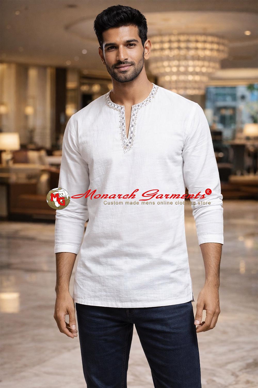 White embroidered linen short kurta for men V-neck summer wedding wear India