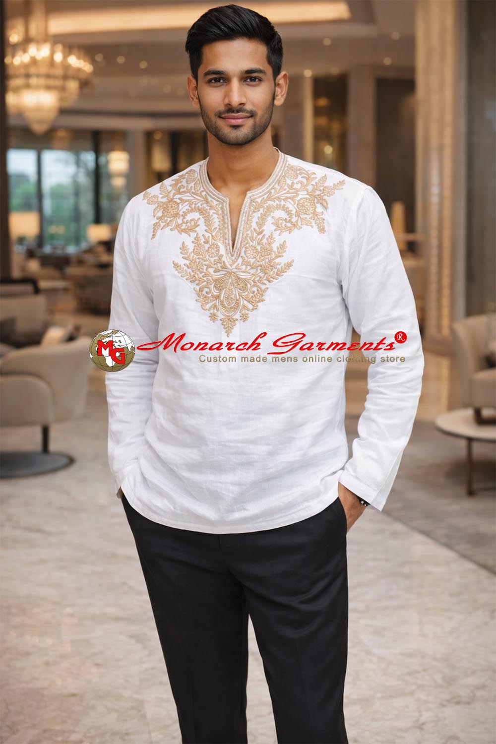 White linen embroidered short kurta for men V neck summer ethnic wear India
