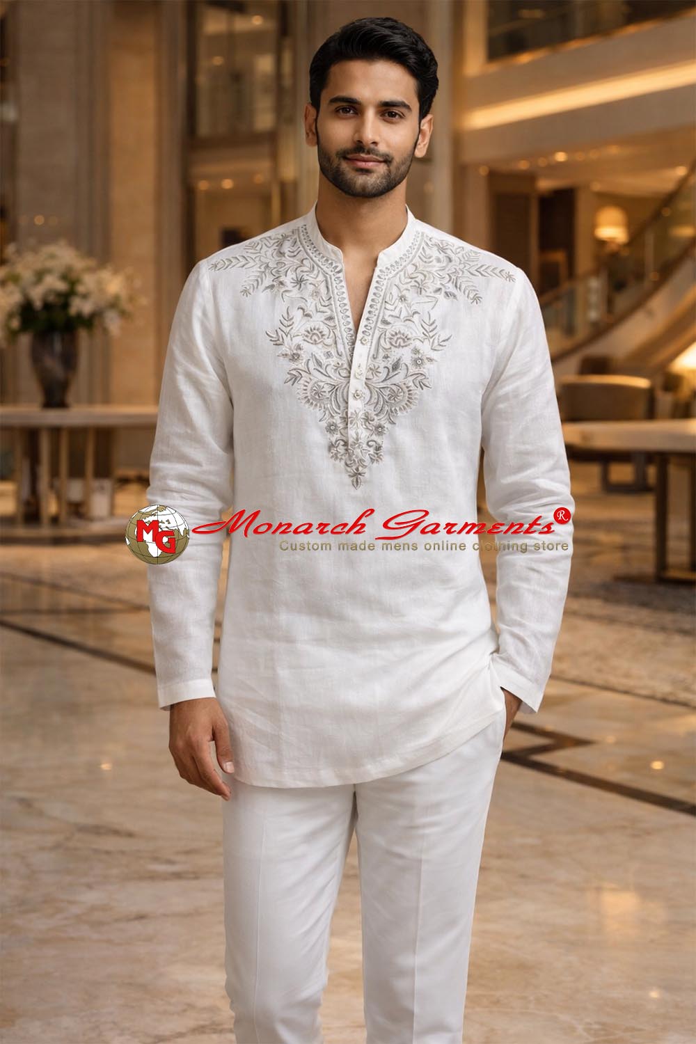 White linen embroidered V-neck tunic for men summer wedding ethnic wear India