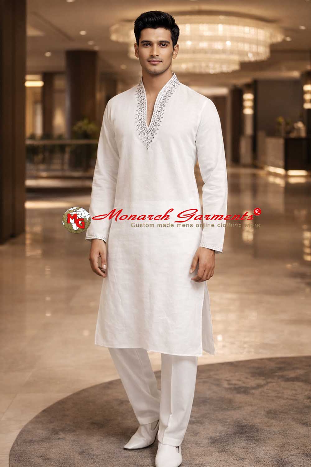 White linen hand embroidered kurta pajama for men relaxed fit ethnic wear India