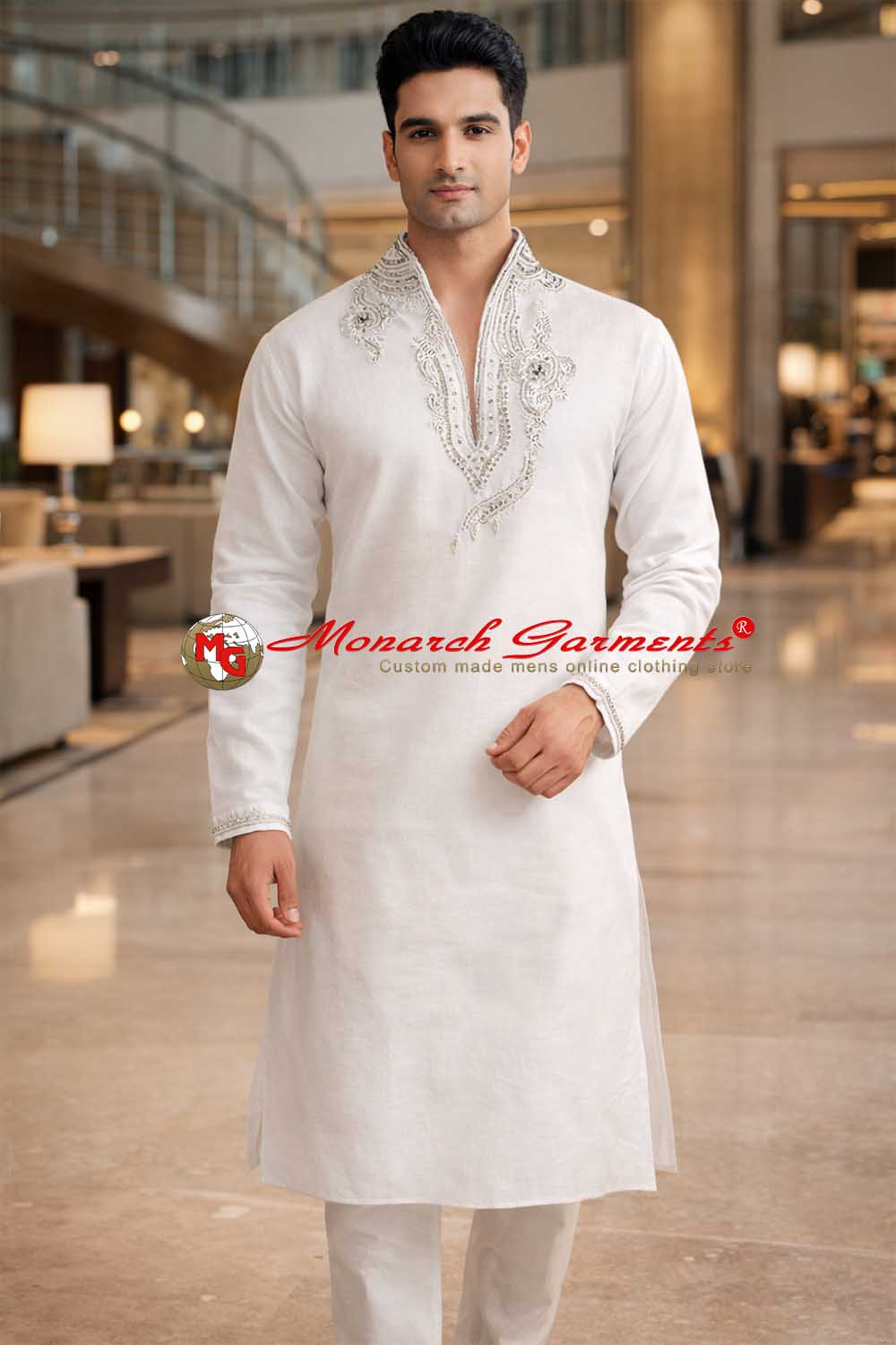White linen heavy embroidered kurta pajama for men relaxed fit ethnic wear India