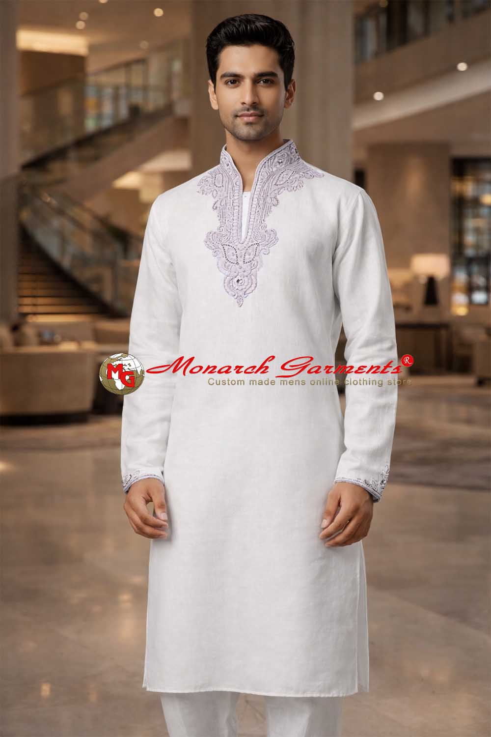 White linen heavy hand embroidered kurta pajama for men relaxed fit ethnic wear India