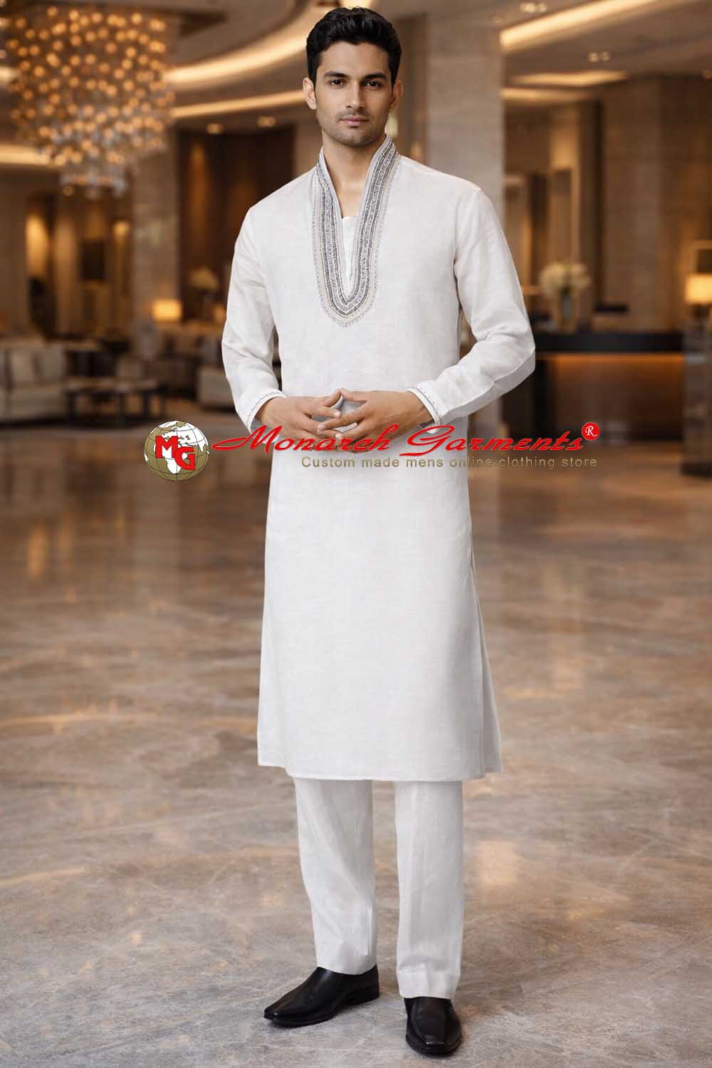 White linen high neck embroidered kurta pajama for men relaxed fit ethnic wear India