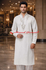 White linen high neck embroidered kurta pajama for men relaxed fit ethnic wear India
