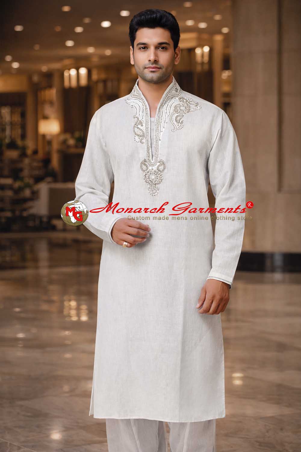 White linen high neck embroidered kurta pajama for men relaxed fit ethnic wear India