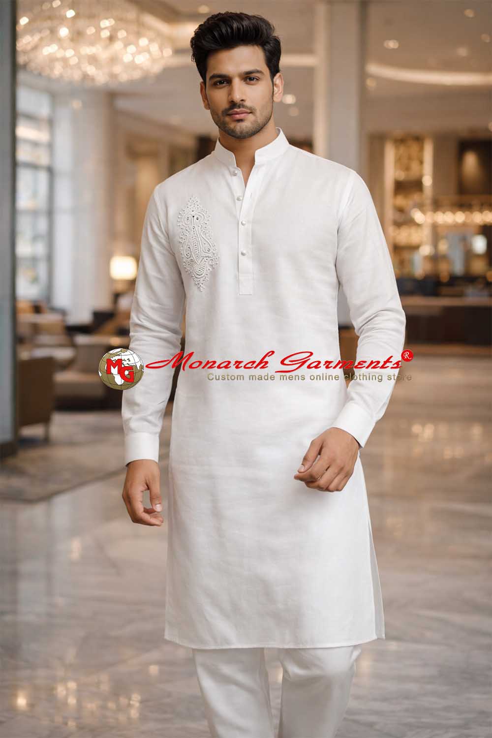 White linen kurta pajama for men high neck silver embroidery Indian wedding wear