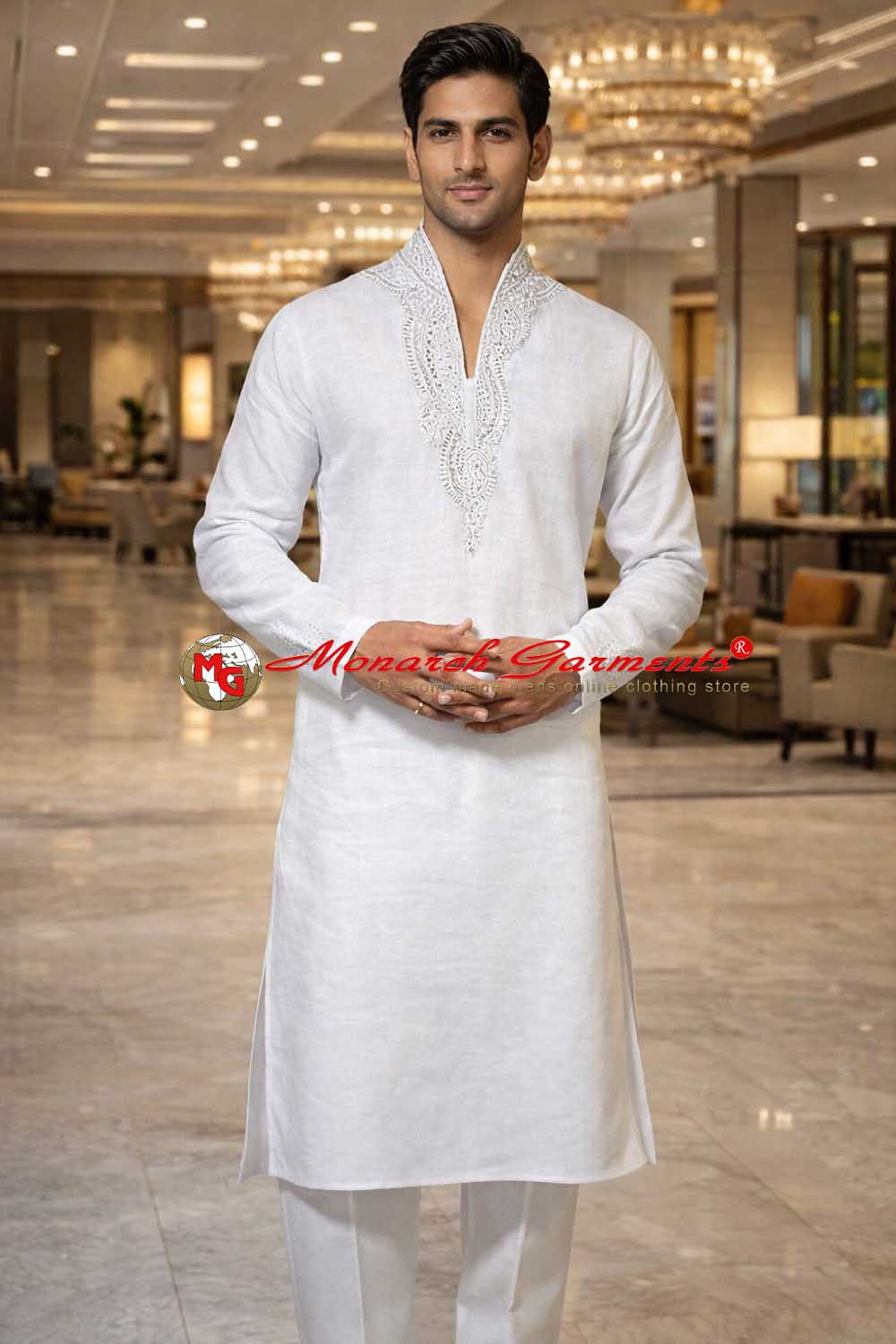 White linen kurta pajama for men high neck V collar silver embroidery wedding wear India