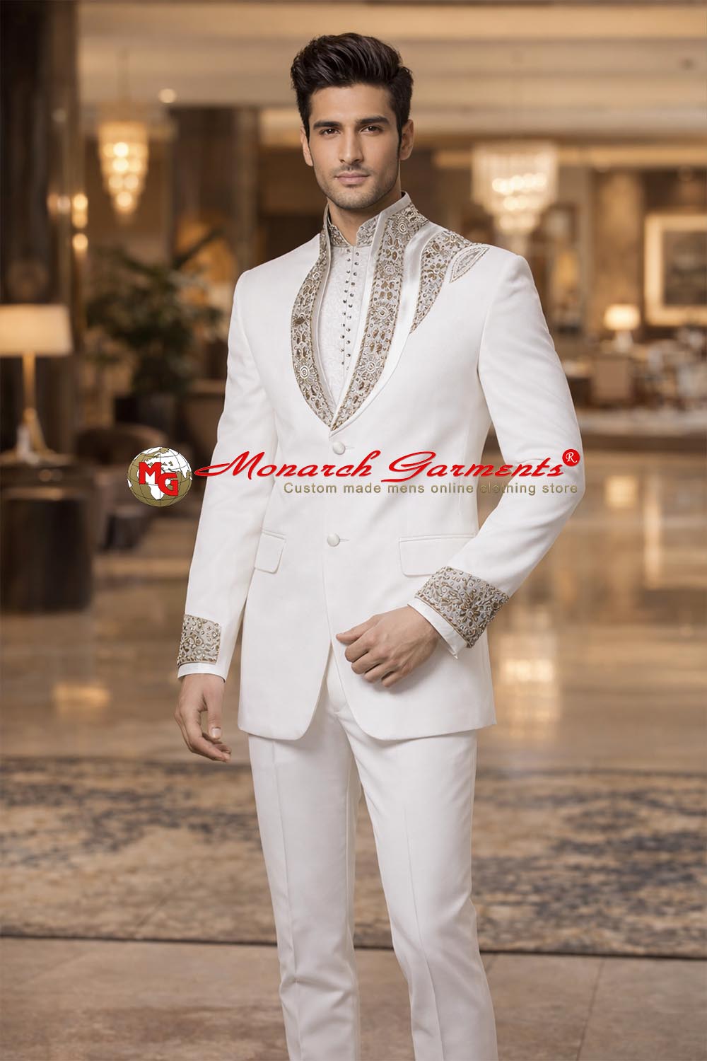 White linen Jodhpuri suit for men with embroidered high neck designer bandhgala