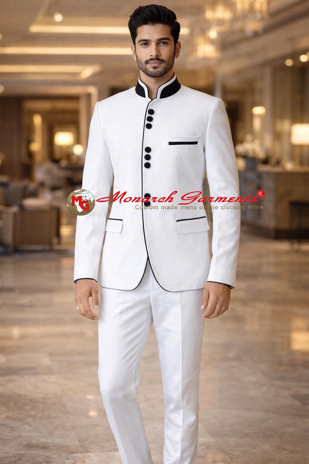 White linen Jodhpuri suit for men with black velvet piping and collar bandhgala by Monarch Garments India