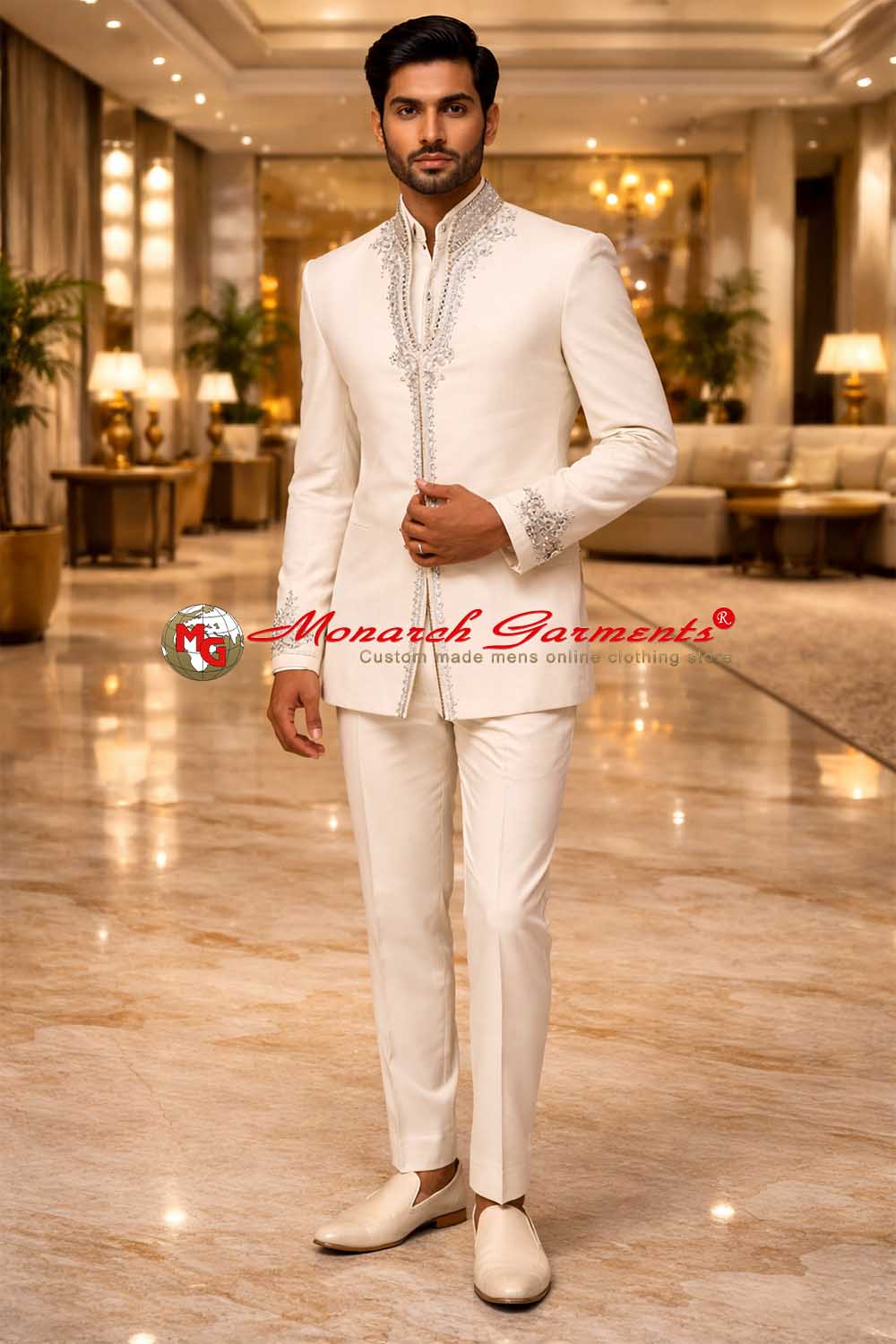 White linen Jodhpuri suit for men embroidered bandhgala wedding outfit Monarch Garments
