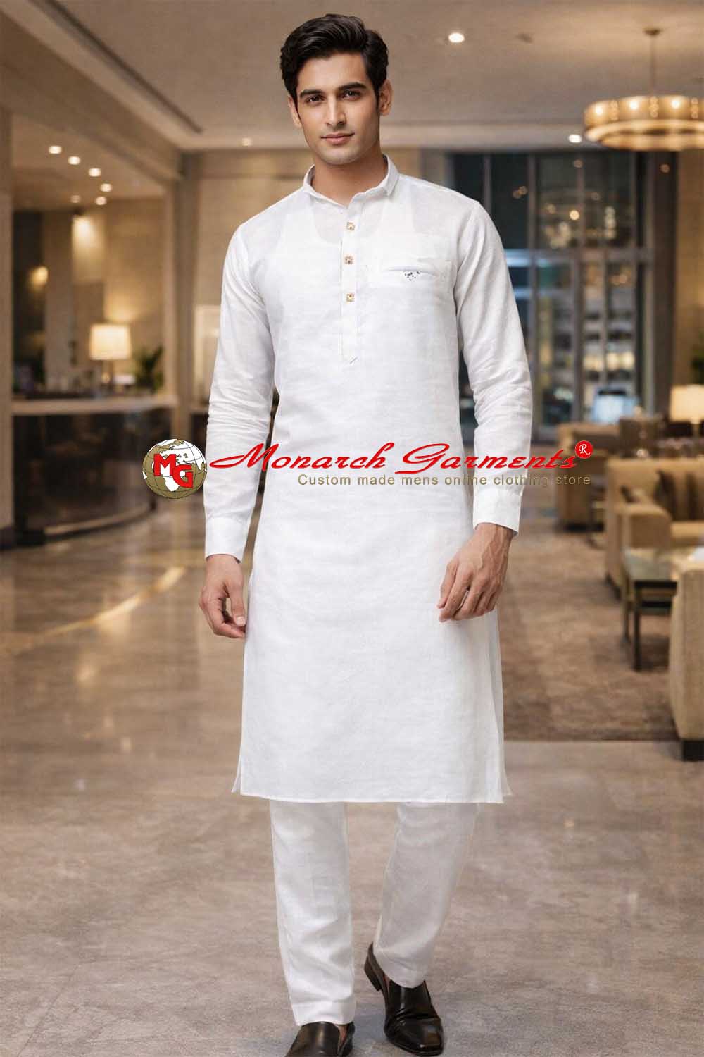 White linen kurta pajama for men with 3 button detail relaxed fit ethnic wear India