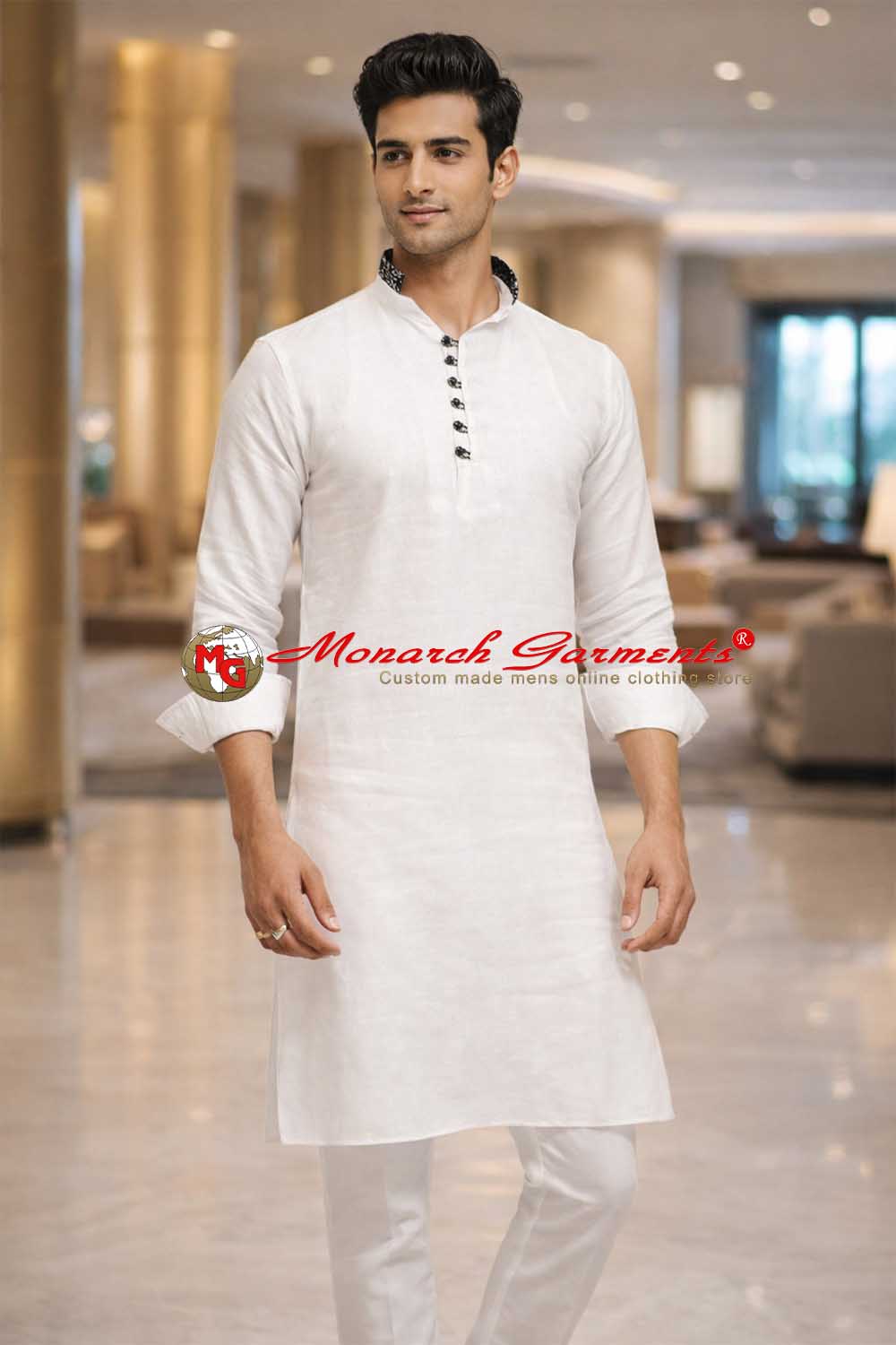 White linen kurta pajama for men with black printed collar relaxed fit ethnic wear India