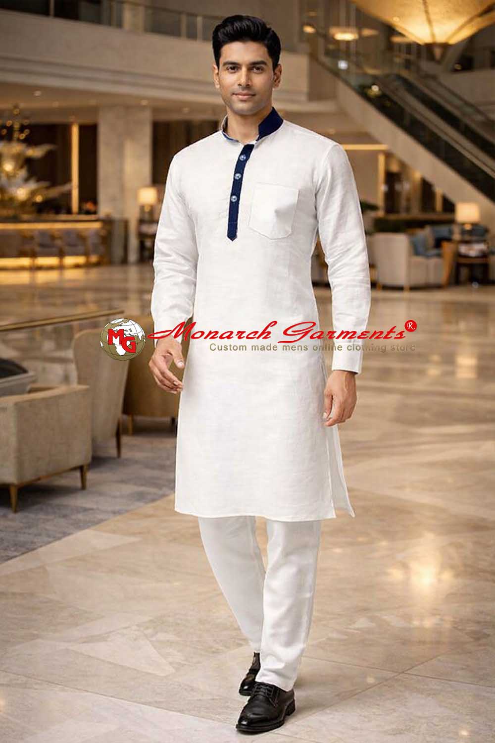White linen kurta pajama for men with blue mandarin collar relaxed fit ethnic wear India