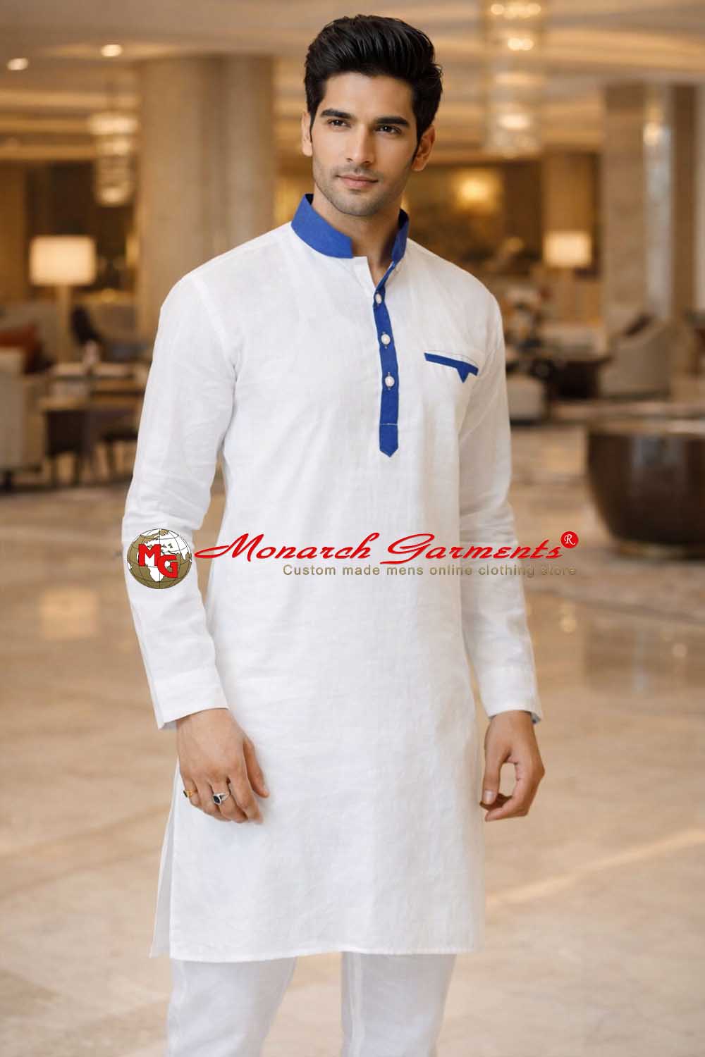 White linen kurta pajama for men with blue Nehru collar relaxed fit ethnic wear India