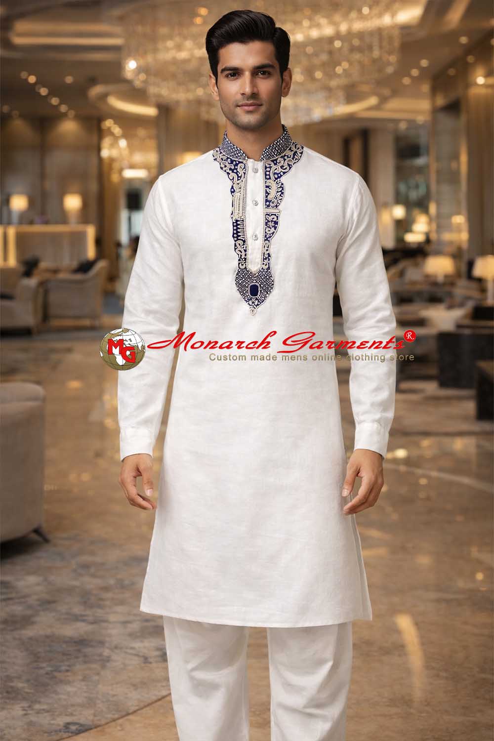 White linen kurta pajama for men with blue velvet embroidered neck design festive wear India