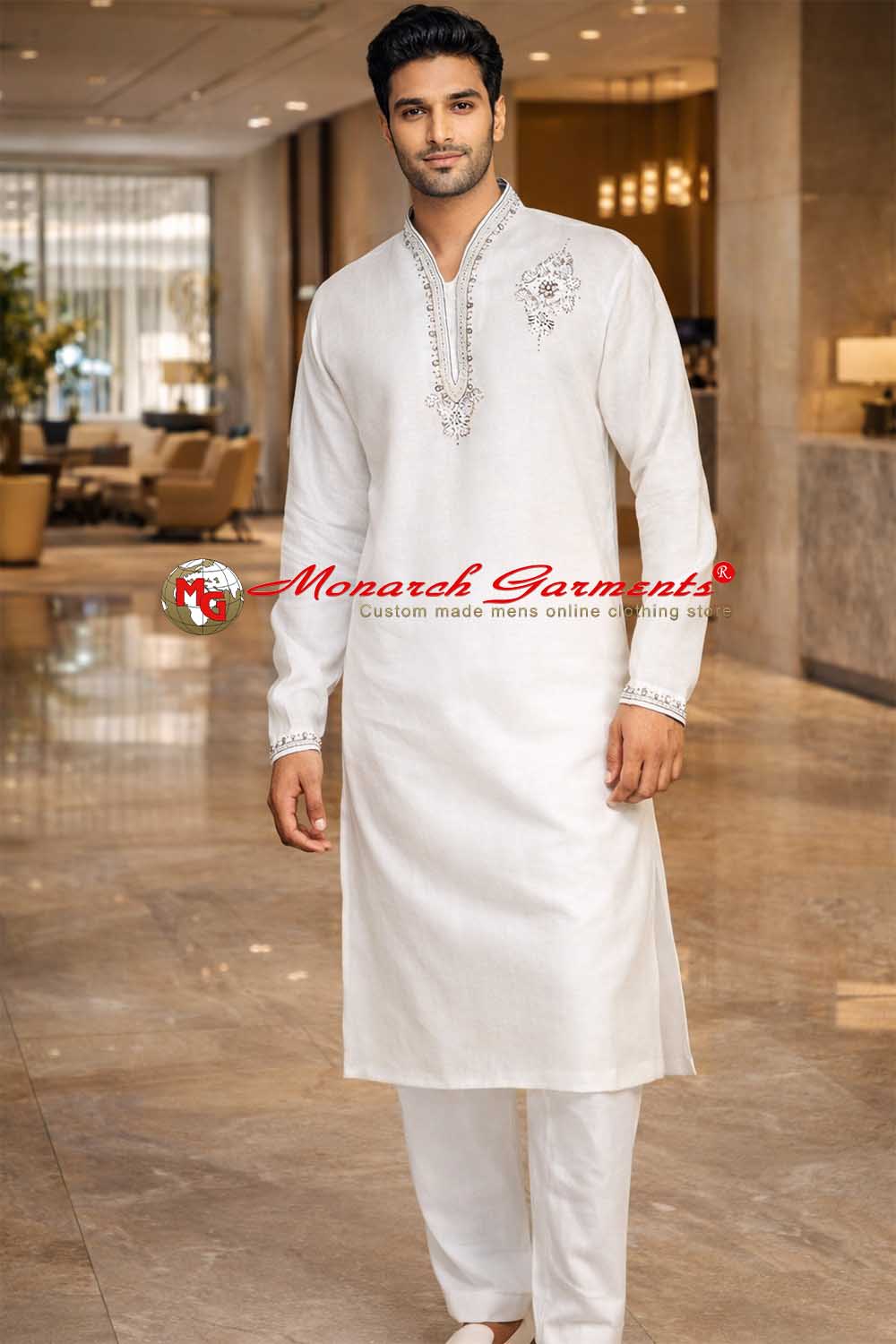 White linen kurta pajama for men with silver embroidery mandarin collar wedding wear India
