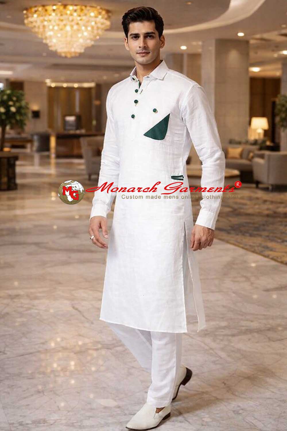 White linen kurta pajama for men with green patchwork relaxed fit ethnic wear India