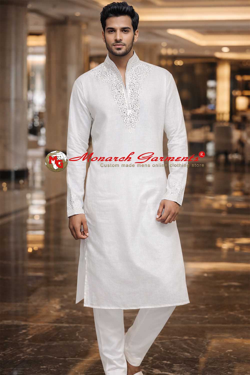 White linen groom kurta pajama with silver embroidery V neck wedding wear India