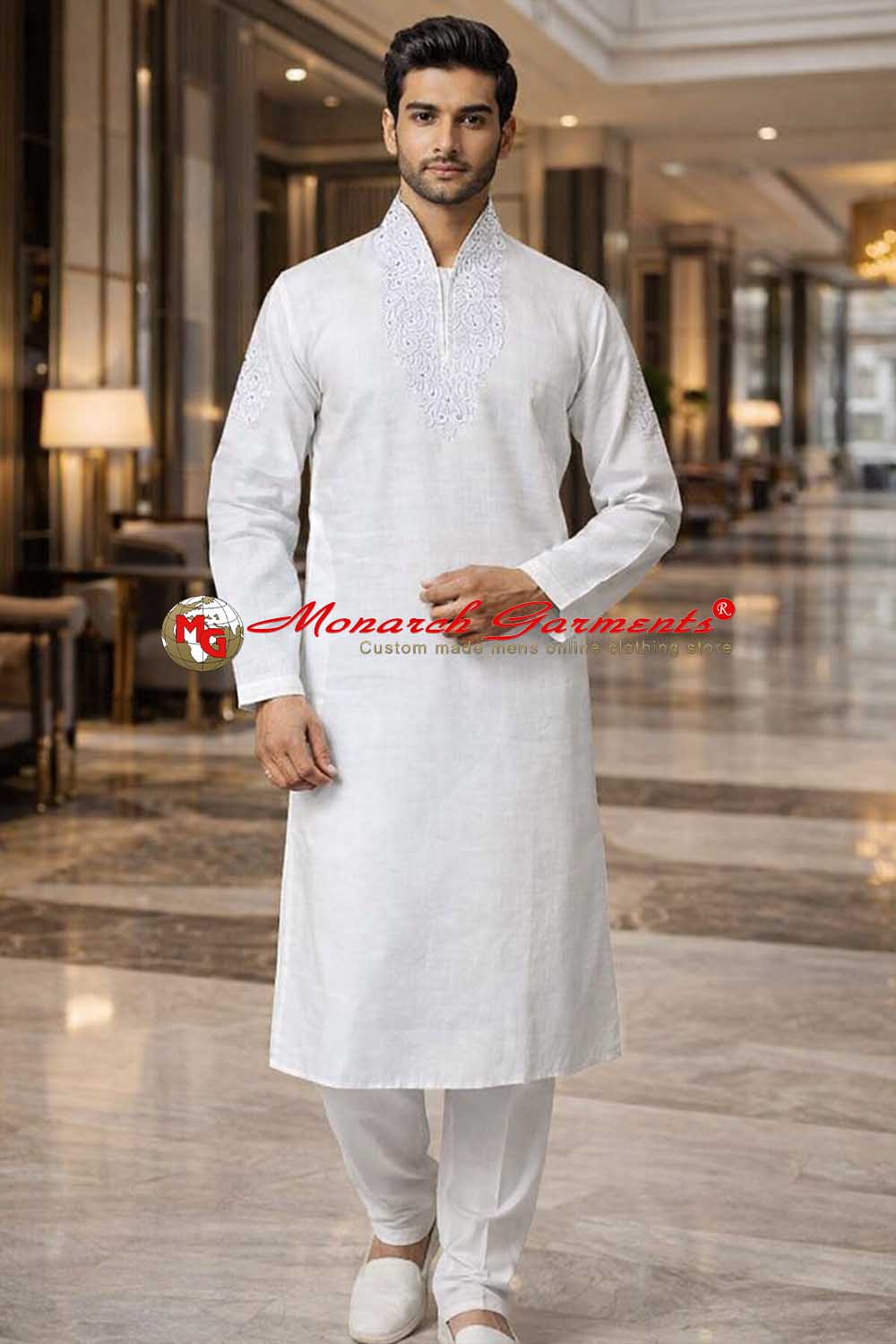 White linen kurta pajama for men with high neck embroidery partywear wedding India