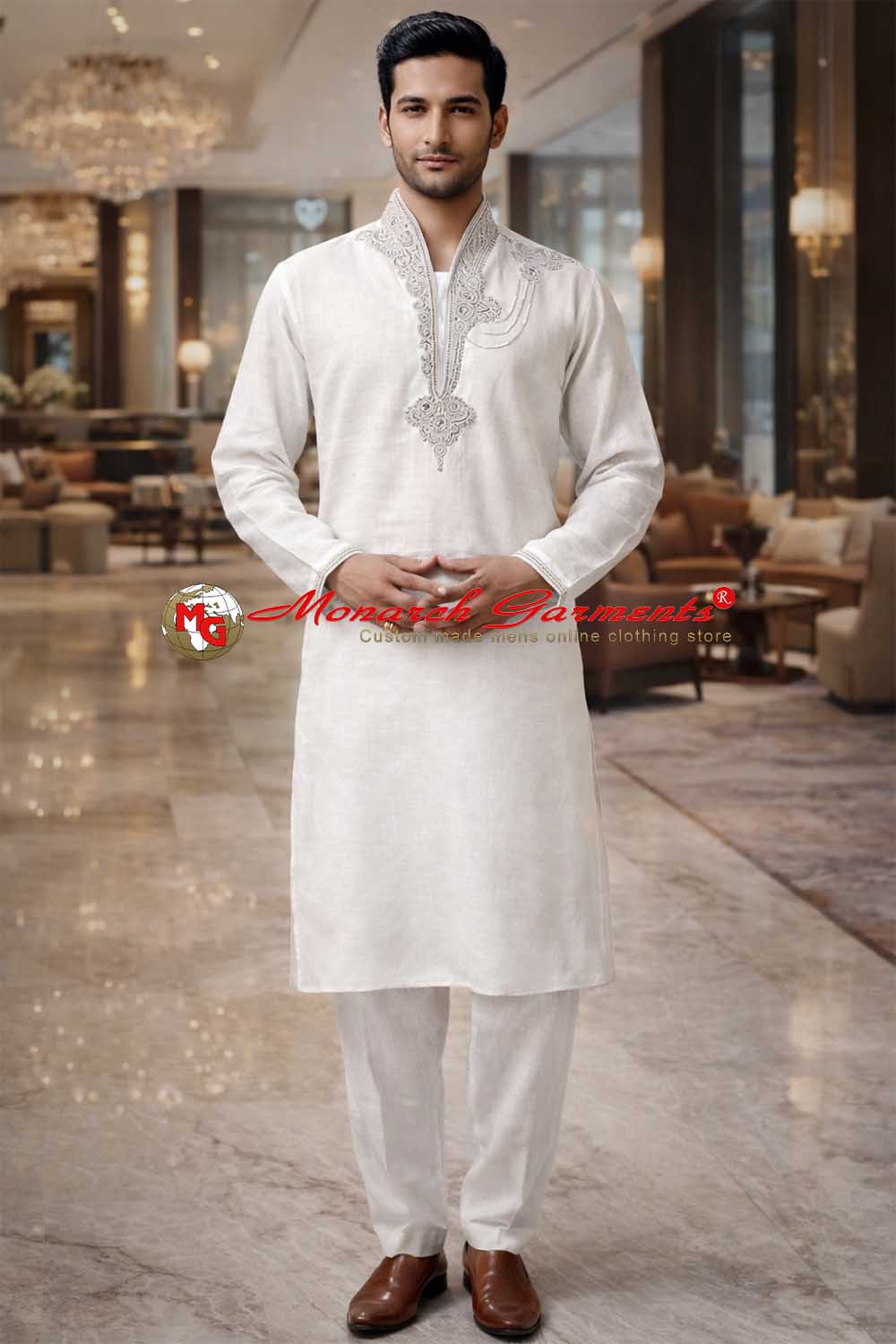 White linen kurta pajama with high neck silver embroidery shoulder design for men wedding wear India