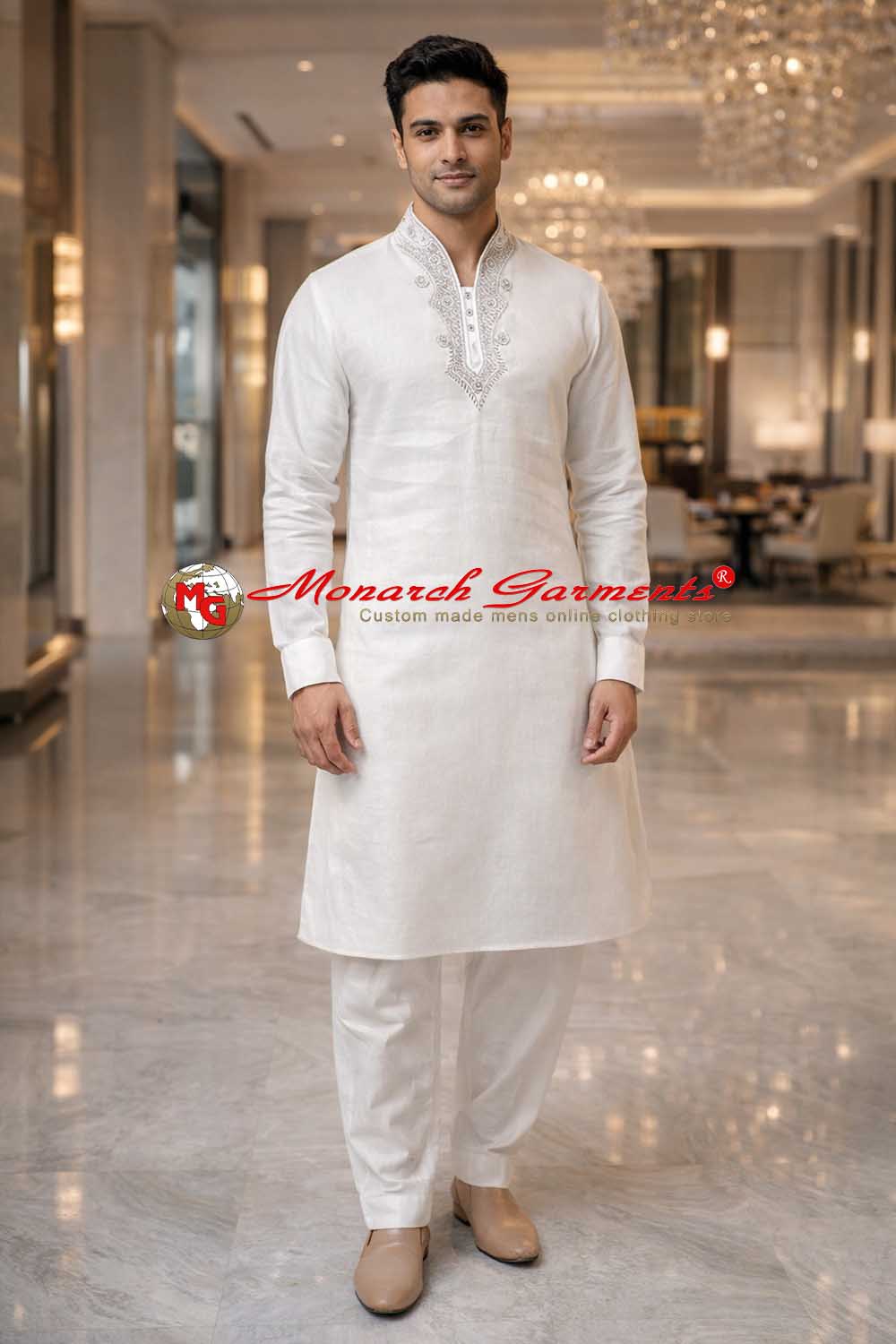 White linen kurta pajama with high neck silver embroidery for men wedding wear India