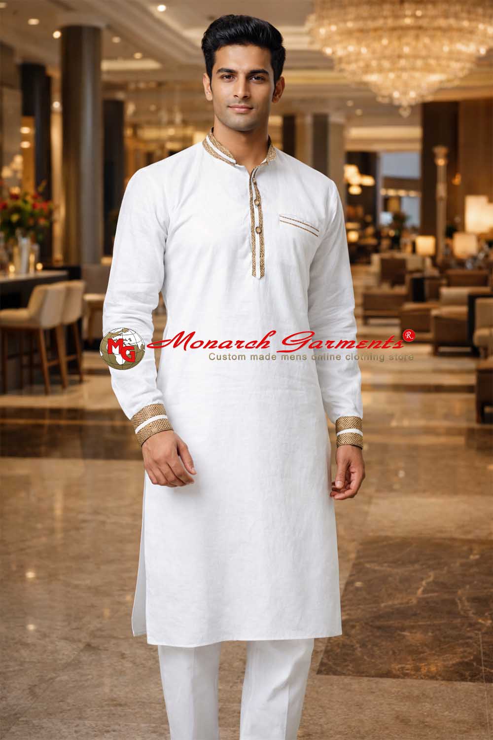 White linen kurta pajama for men with jute stripe Nehru collar relaxed fit ethnic wear India