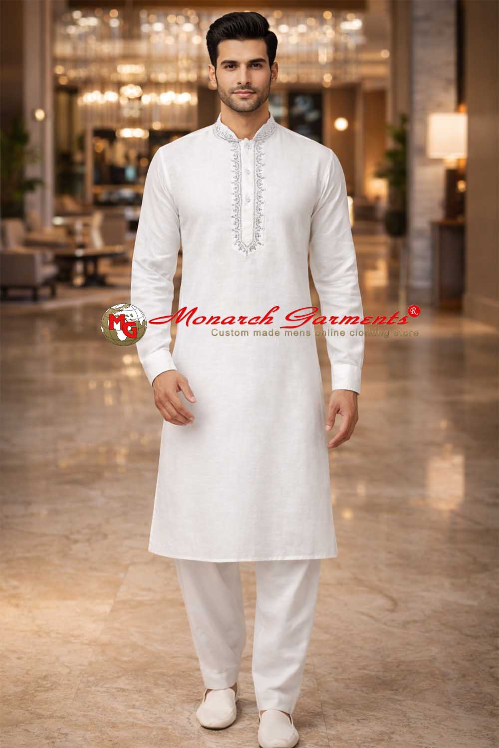 White linen kurta pajama for men with mandarin collar silver embroidery festive wear India